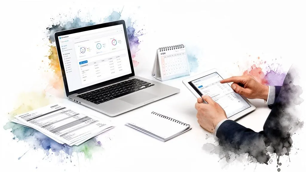 Digital workstation with laptop, tablet, financial documents, and calendar on a watercolor-splashed white background.
