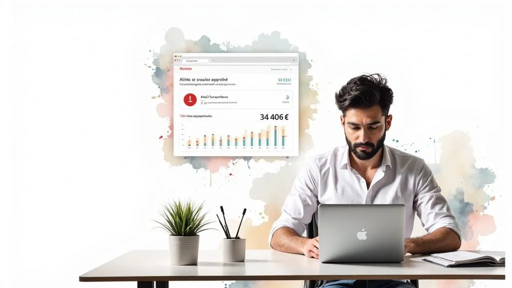 Man working on a laptop, with a floating financial dashboard and charts in the background.