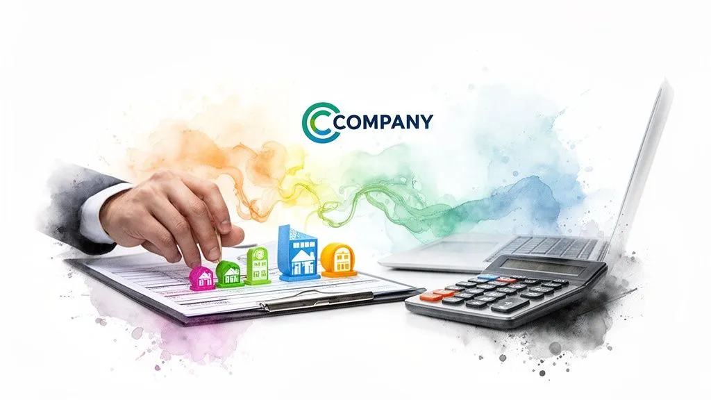 A businessman's hand interacting with colourful real estate icons on a clipboard, with a laptop and calculator.
