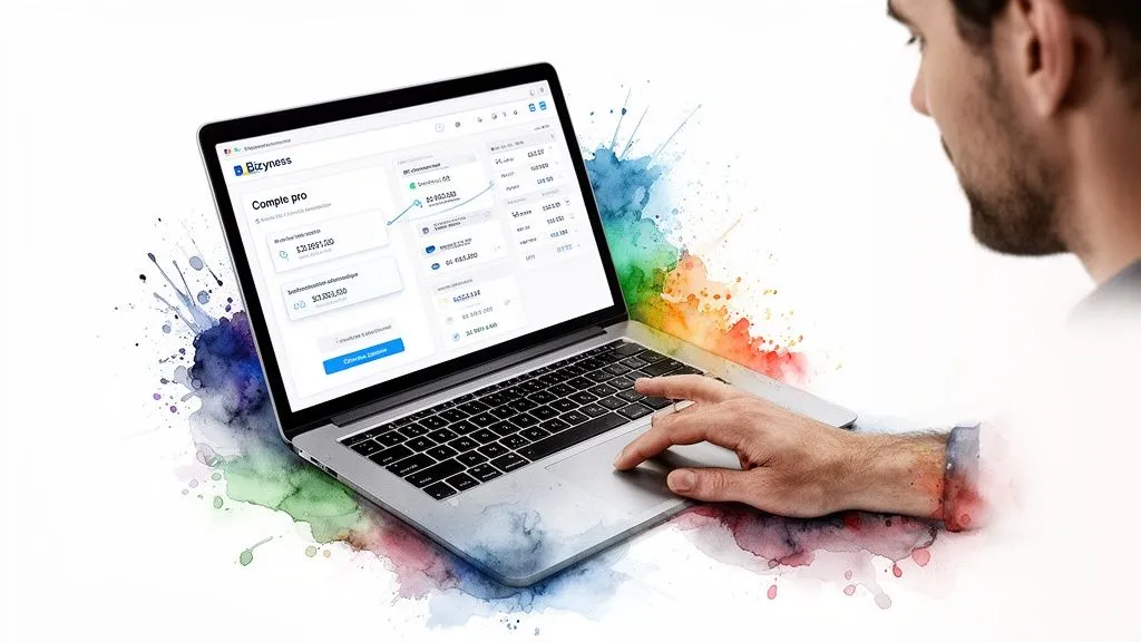 A man uses a laptop displaying a business banking app, with watercolor splashes.