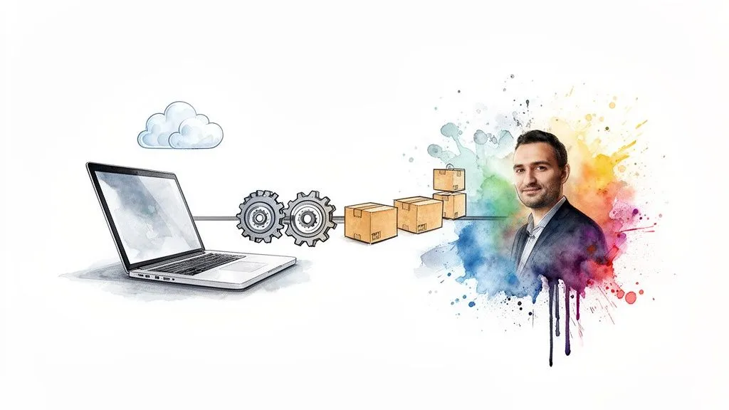 Representation of a digital process with a laptop, gears, boxes, and a man on a colorful watercolor background.