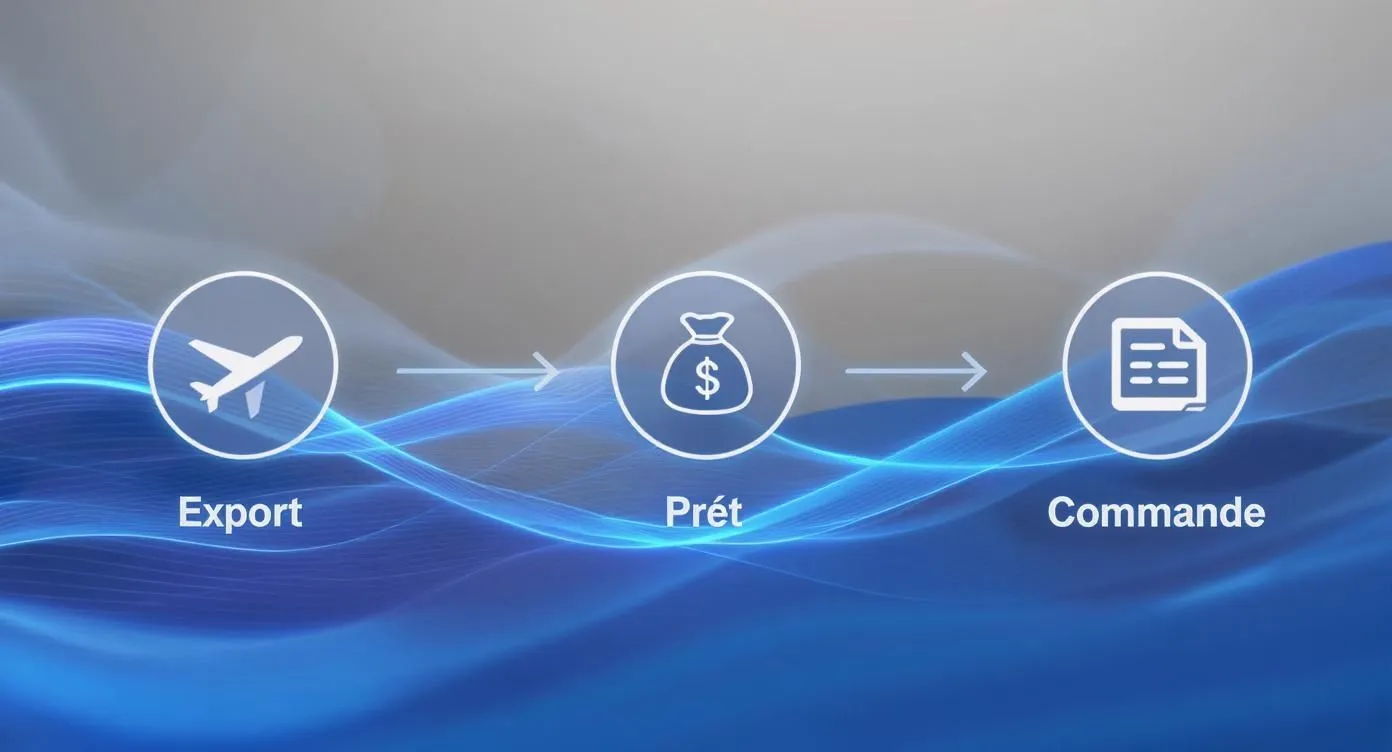 Business process illustrating the steps of export, financial loan, and order with explicit icons.