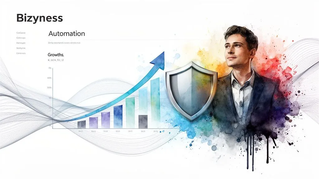 A stylish businessman in front of a growth chart showing business automation and protection.