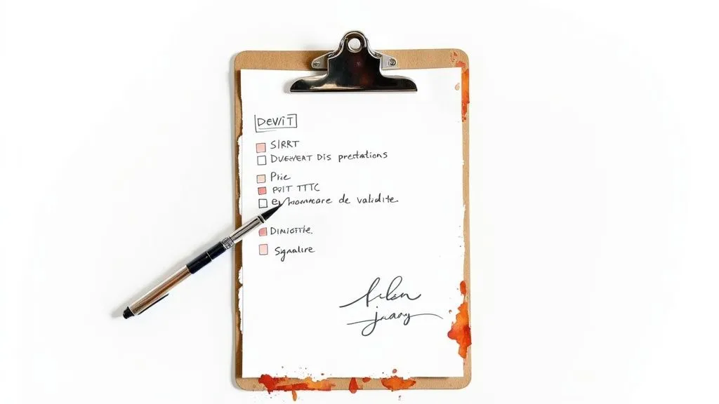 A clipboard with a handwritten checklist in French, a pen and watercolor stains.