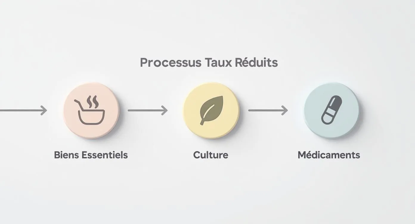 Infographic illustrating the process of applying reduced VAT rates for essential goods, culture, and medicines.