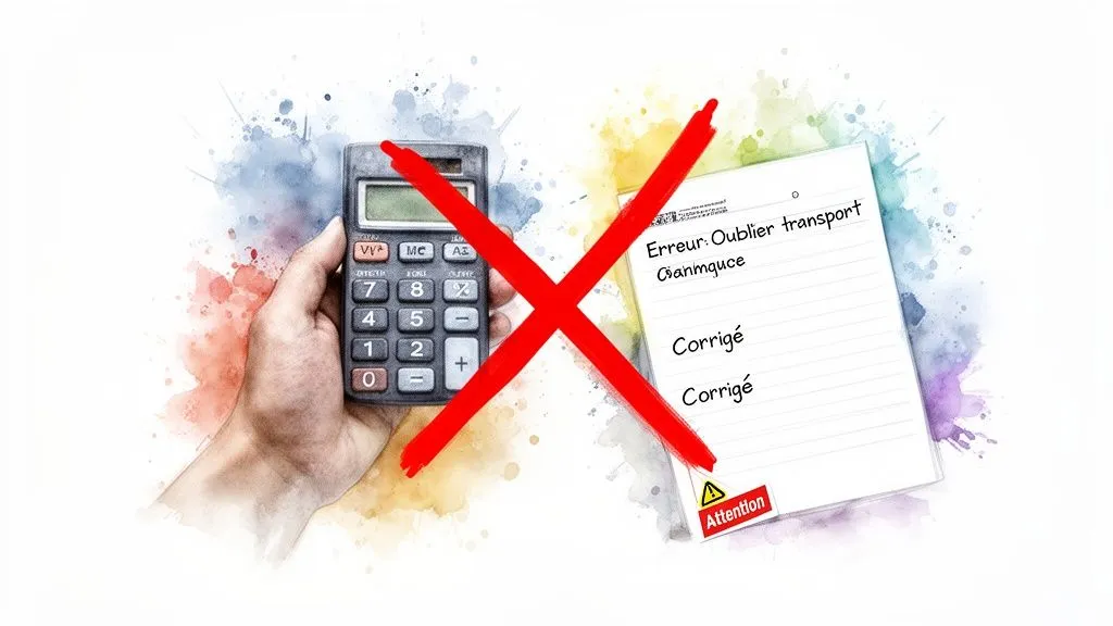 A hand holds a crossed-out calculator, next to a sheet with errors and corrections.