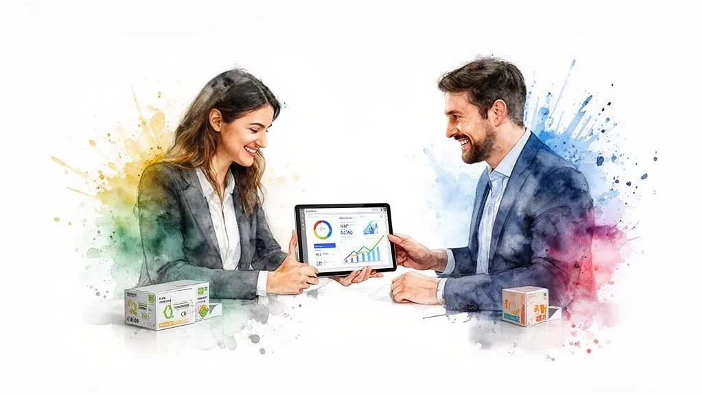 Two smiling colleagues examining charts and figures on a tablet, illustrating business analysis.