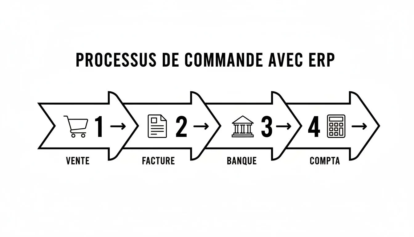 Diagram illustrating the order process with an ERP in 4 steps: sale, invoice, bank, and accounting.