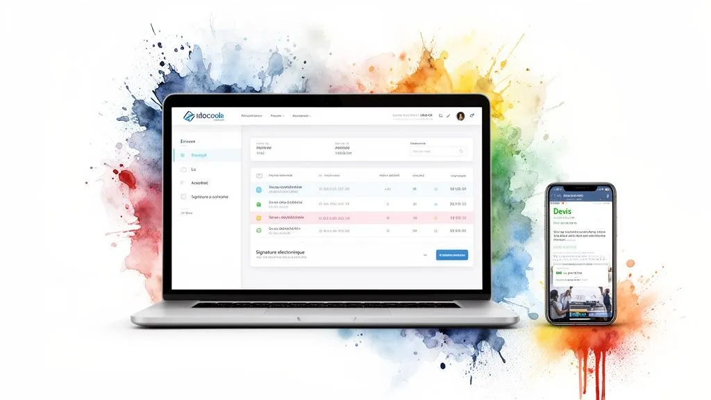 Quote management software interface on a laptop and an intuitive mobile app.