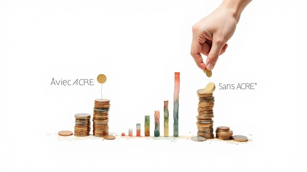 Two stacks of coins, a bar chart and a hand adding a coin, comparing finances "With ACRE" and "Without ACRE*".