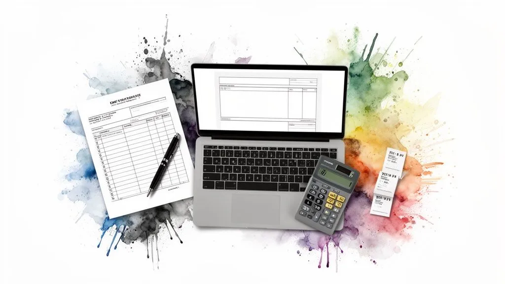 Laptop, calculator, pen, and invoicing documents on an abstract white background with colored splashes.