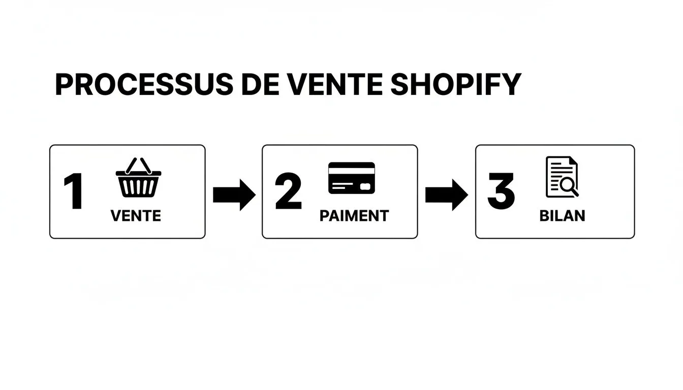 Illustration of the Shopify sales process, broken down into 3 steps: Sale, Payment and Balance Sheet.