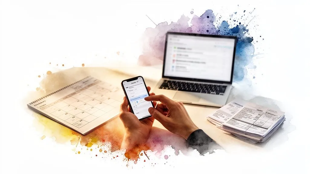 Hands using a smartphone near a laptop, calendar, and documents, in a watercolor style.