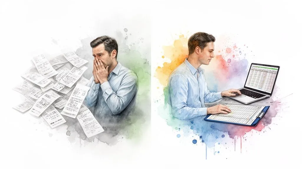 A man overwhelmed by receipts facing another person using efficient accounting software.