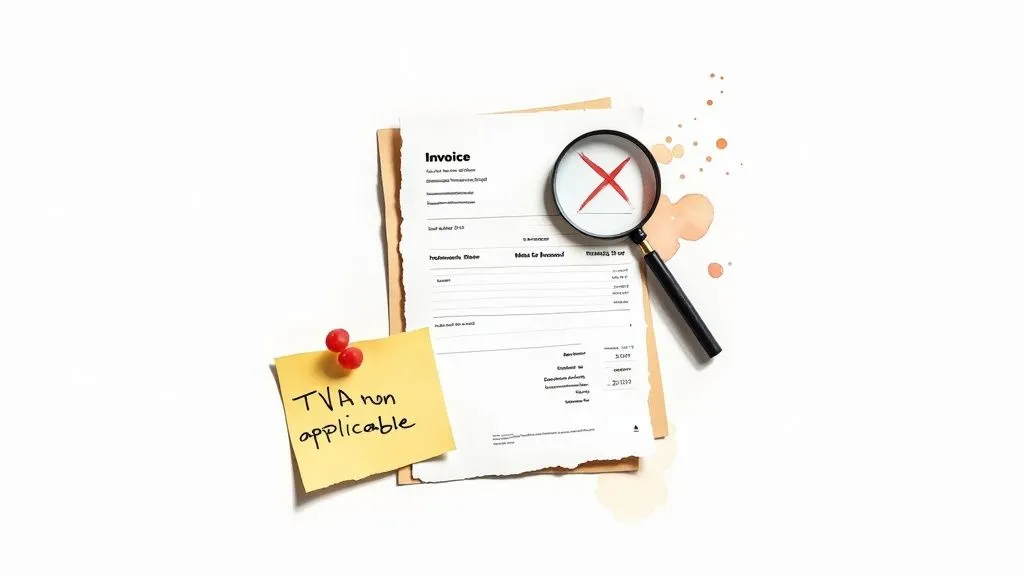 A stressed person looking at a stack of invoices with question marks and error symbols around them.