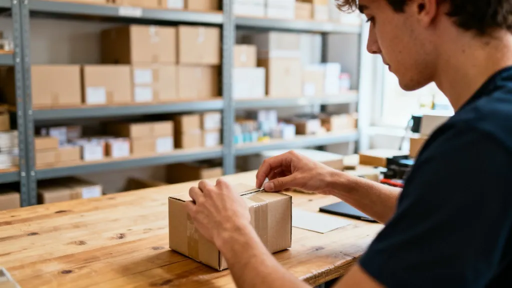 Vendeur en ligne préparant un colis dans un petit atelier, illustration de la TVA en e-commerce