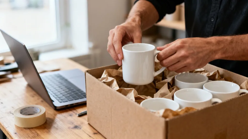 Préparation d'une commande de mugs personnalisés dans l'atelier d'un vendeur en ligne, après un devis signé