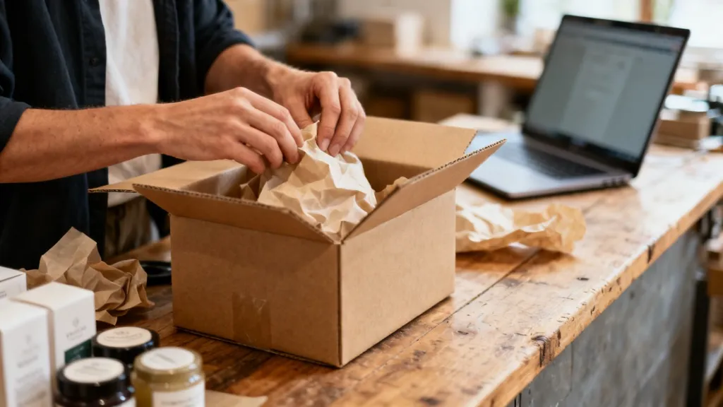 Vendeur Shopify emballant une commande dans un carton, ordinateur portable ouvert sur le comptoir de son atelier e-commerce