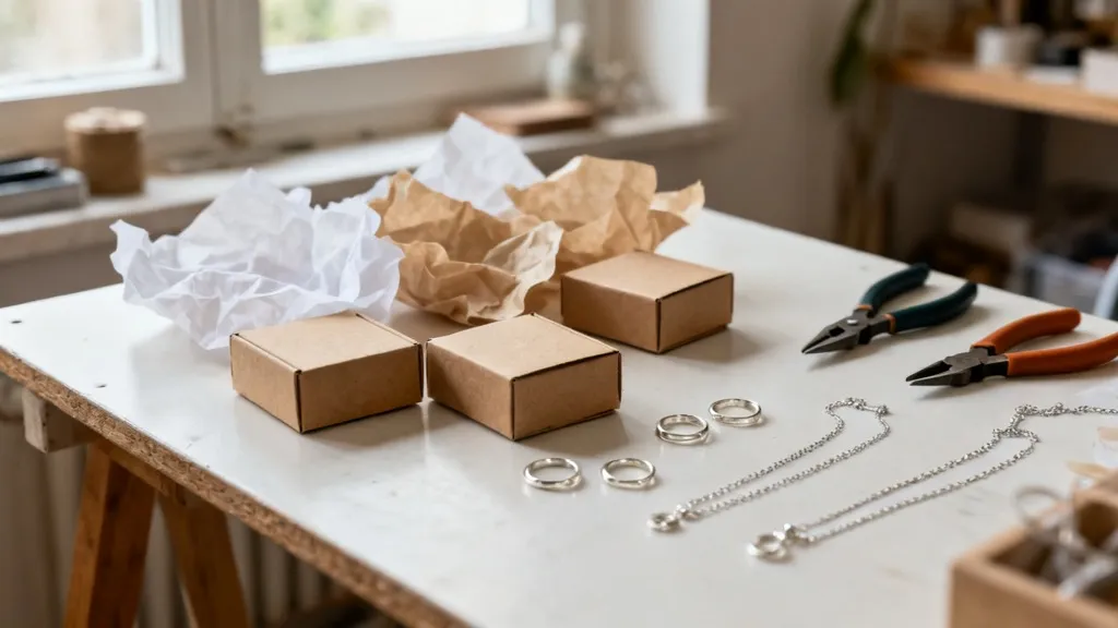 Atelier d'une créatrice qui prépare des commandes de bijoux à expédier, illustration de l'activité mixte vente et prestation