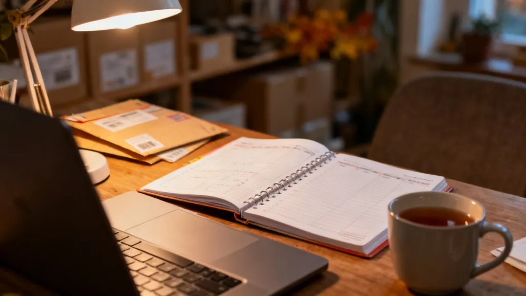 Bureau à domicile d'un vendeur en ligne en fin d'année, avec un agenda ouvert, des enveloppes d'expédition et un ordinateur portable