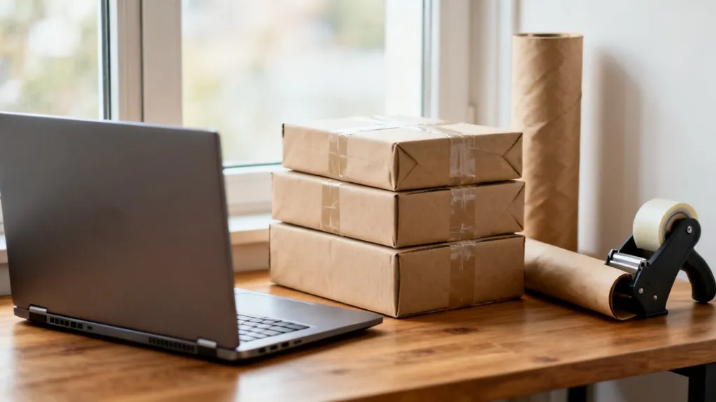 Bureau d'une petite boutique en ligne avec des colis prêts à expédier, un ordinateur portable et un rouleau de papier kraft