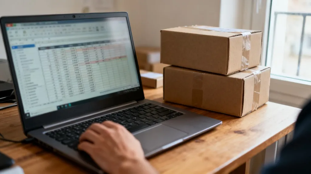 Un vendeur en ligne consulte un tableau de ventes sur son ordinateur portable, à côté de colis prêts à expédier