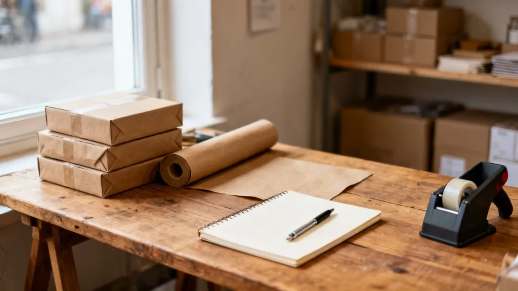 Table d'emballage d'une boutique en ligne avec des colis en papier kraft prêts à expédier, un rouleau de papier, un carnet et un dévidoir de ruban adhésif