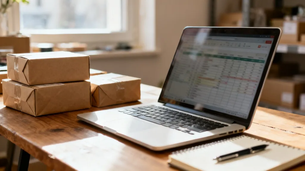 Bureau d'une petite entreprise de vente en ligne avec un ordinateur portable affichant un tableau de factures, des colis prêts à expédier et un carnet