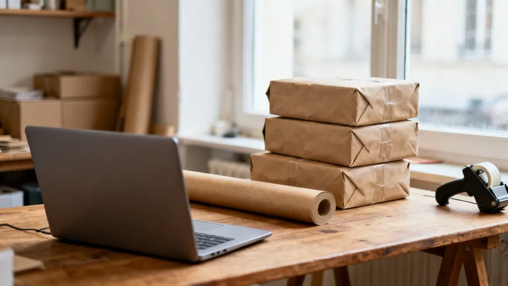 Bureau d'une boutique en ligne avec des colis emballés prêts à expédier, un ordinateur portable et un rouleau de papier kraft