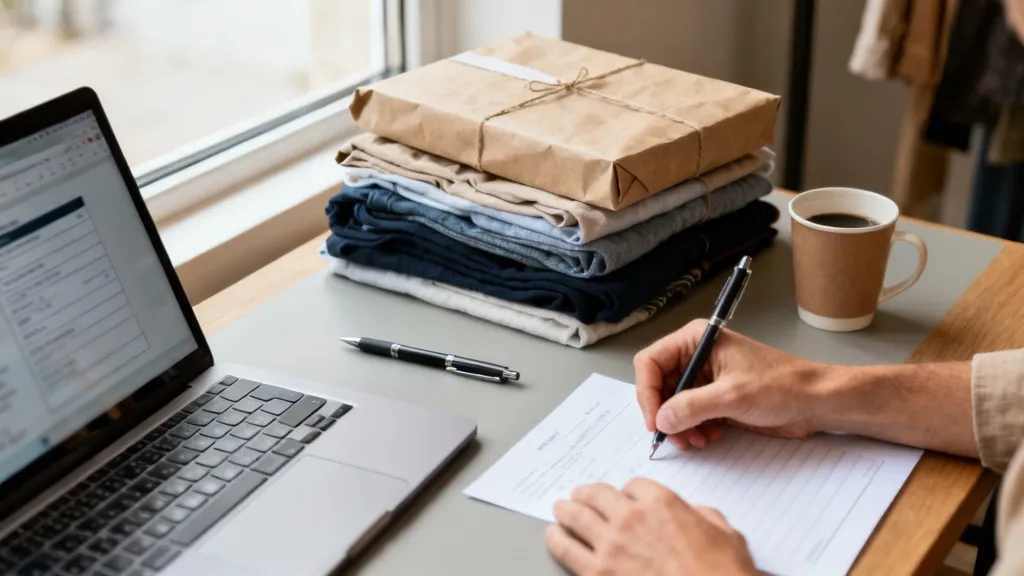 Préparation d'une demande d'ACRE auto-entrepreneur à côté de colis de vêtements prêts à expédier