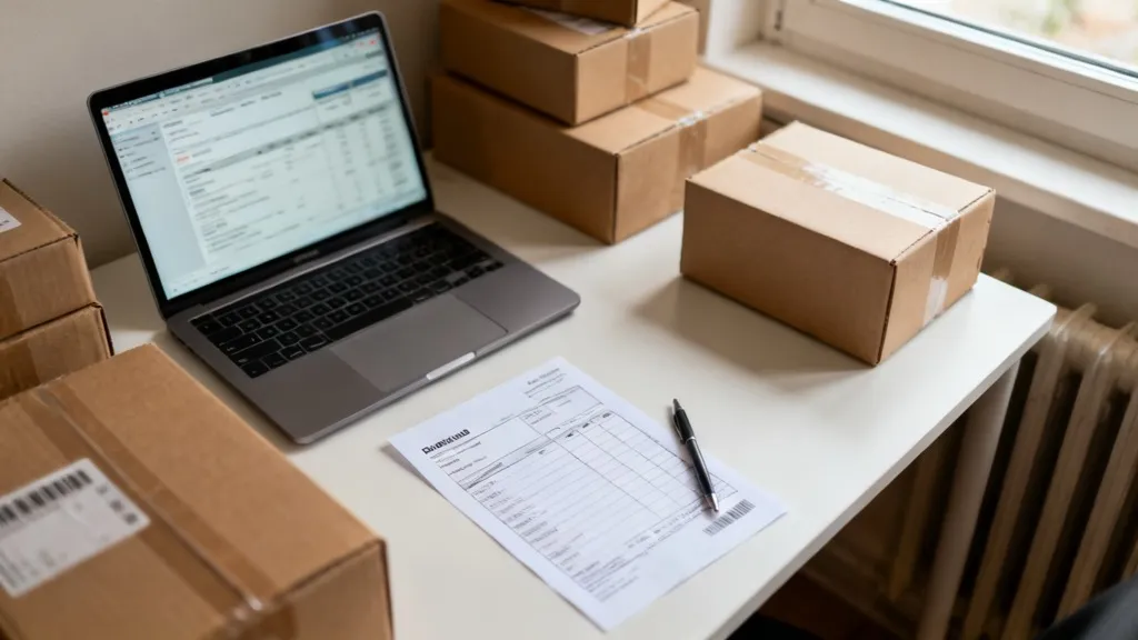 Bureau d'un vendeur en ligne auto-entrepreneur avec colis, ordinateur portable et facture papier