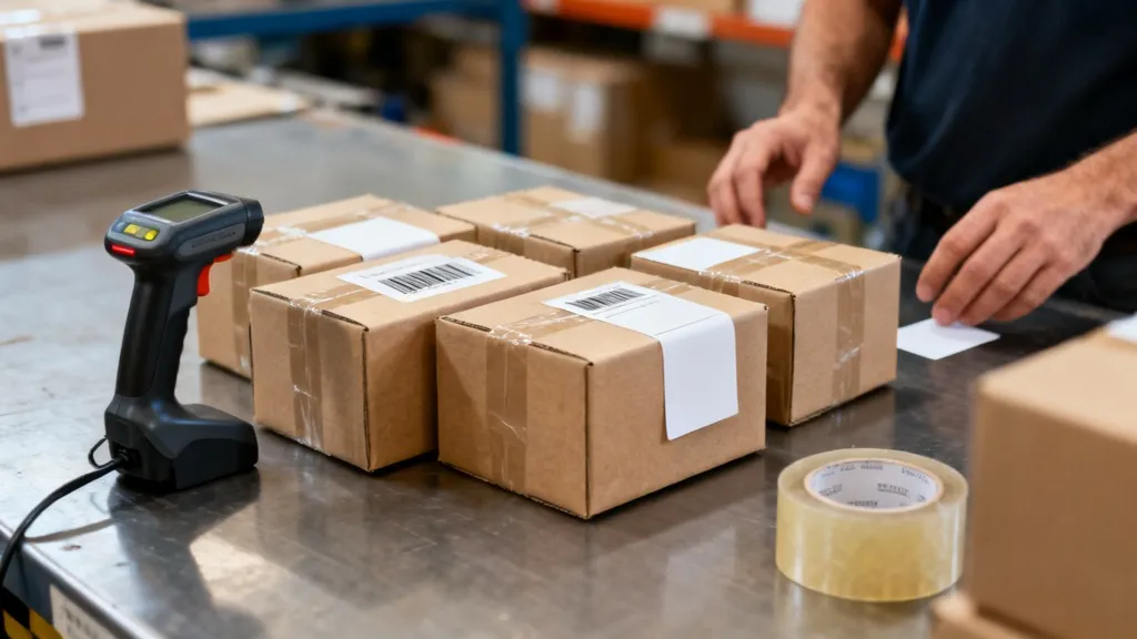 Colis en carton préparés pour l'expédition internationale sur une table d'entrepôt, avec des étiquettes de transport et un scanner