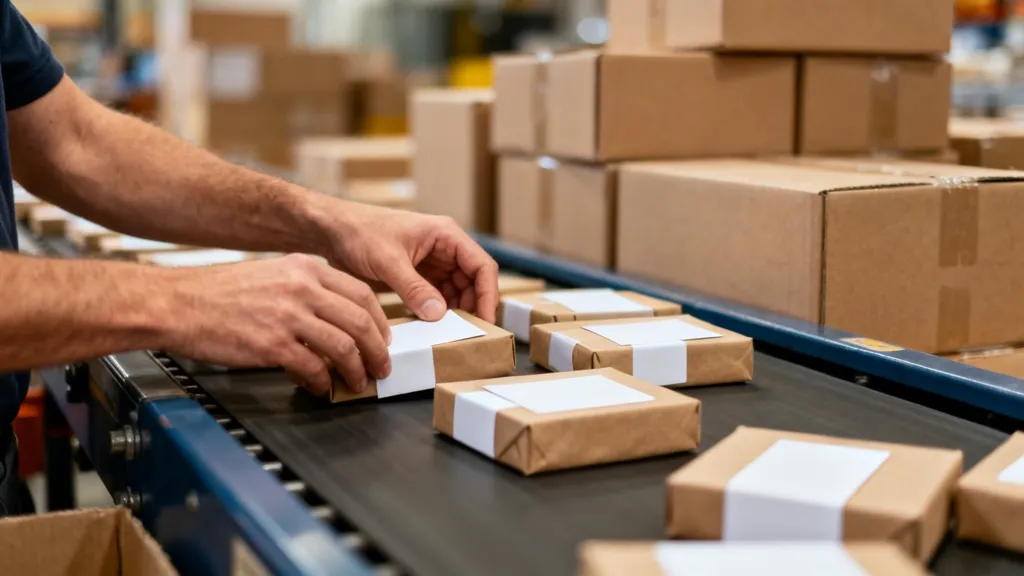 Colis à étiquettes vierges triés dans un entrepôt logistique avant leur expédition directe aux clients d'une boutique en dropshipping