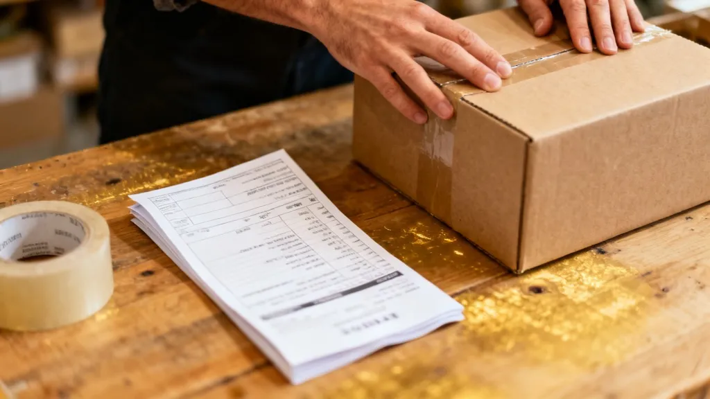 Préparation d'une commande e-commerce avec sa facture imprimée posée à côté du colis