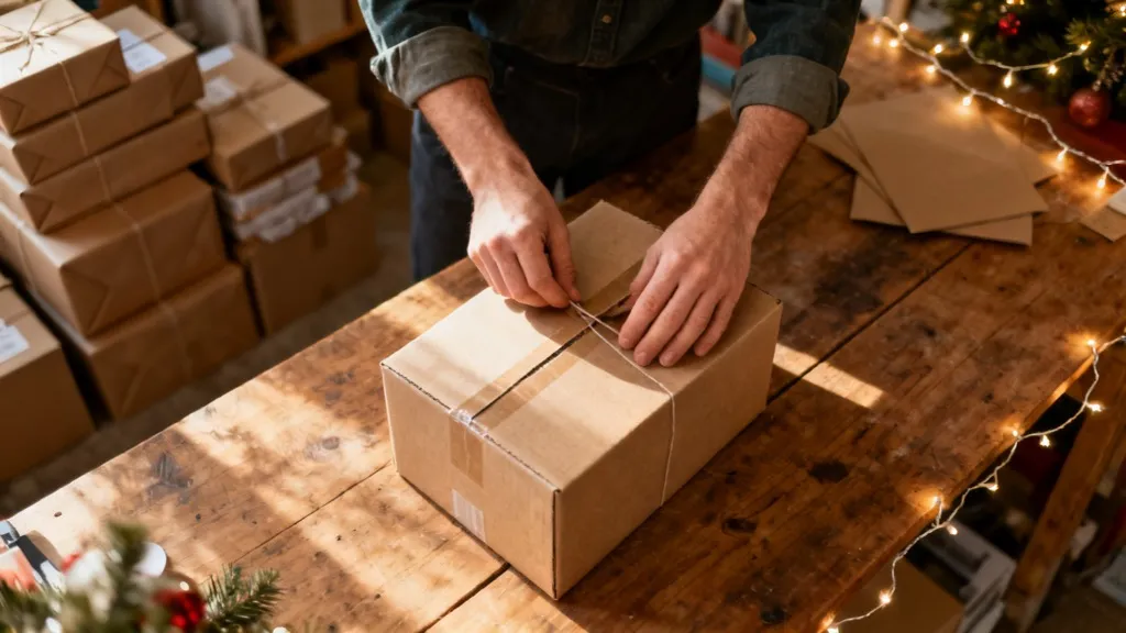 Préparation de colis pendant la période des fêtes, quand les ventes en ligne peuvent faire dépasser le seuil de TVA