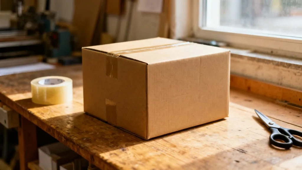 Carton d'expédition fermé sur un établi d'atelier, prêt à partir en livraison intracommunautaire vers un client professionnel européen