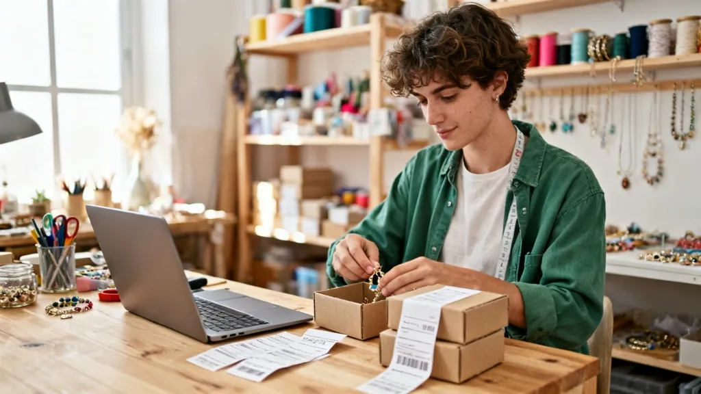 Un vendeur en ligne prépare ses commandes de bijoux dans son atelier, bordereaux d'expédition et ordinateur portable sur l'établi