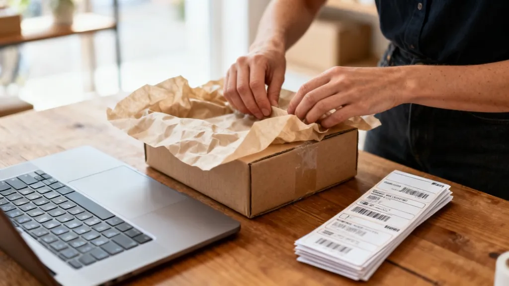 Gérante d'une petite boutique en ligne emballant une commande à côté de son ordinateur : chaque colis correspond à une facture à produire