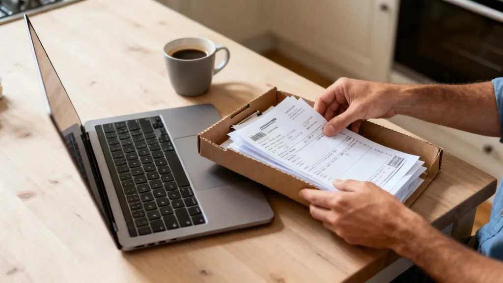 Des factures papier classées dans un dossier à côté d'un ordinateur portable : un tri qui disparaît avec la facturation électronique