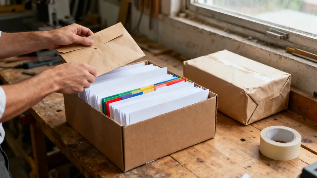 Classement des justificatifs comptables d'un auto-entrepreneur dans une boîte d'archives, à côté d'un colis prêt à expédier