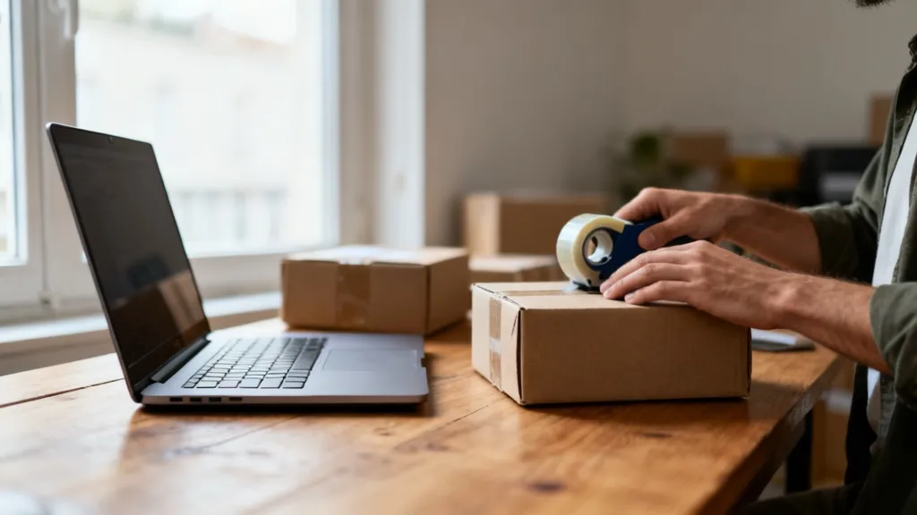 Un vendeur en ligne ferme un colis au ruban adhésif sur son bureau, à côté de l'ordinateur portable où tourne son logiciel de facturation