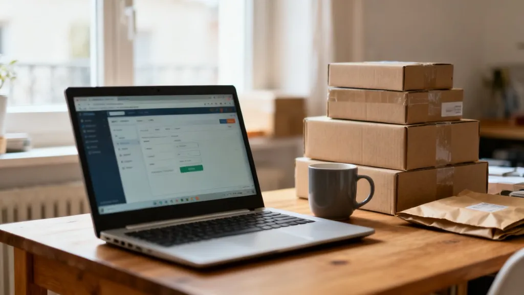 Espace de travail d'un auto-entrepreneur qui vend en ligne : ordinateur portable ouvert sur un logiciel de facturation, colis prêts à expédier
