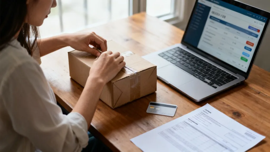 Vendeuse en ligne qui prépare des colis à côté d'un ordinateur portable affichant ses coordonnées bancaires professionnelles