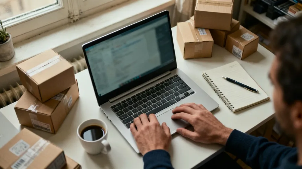 Un vendeur en ligne vérifie ses encaissements de l'année sur un ordinateur portable avant de remplir sa déclaration 2042-C-PRO