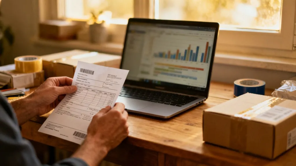 Vendeur en ligne vérifiant une facture de frais de plateforme devant son ordinateur, pour la TVA autoliquidée